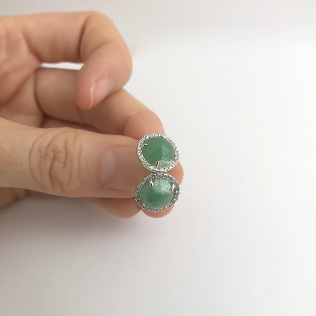 Estate Jade Diamond Halo Stud Earrings 14K White Gold, 3.14 CTW, 2.29 Grams - 3