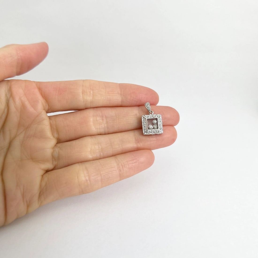 Estate Floating Diamond Square Necklace Pendant Charm 14K White Gold, 2.89 Grams - 2