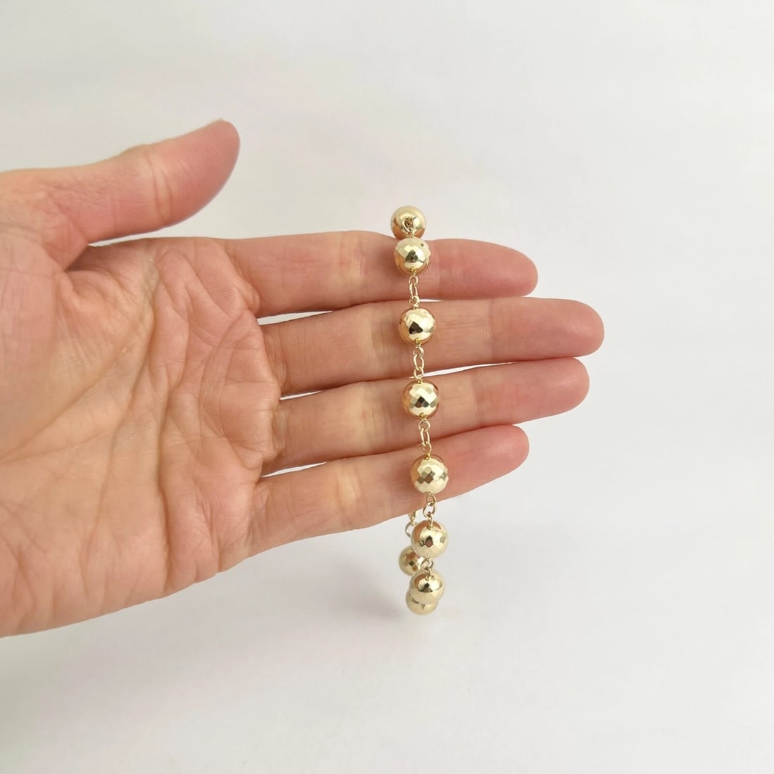Long Disco Ball Bead Chain Link Bracelet 14K Yellow Gold, 8 Inches, 8.59 Grams - 2