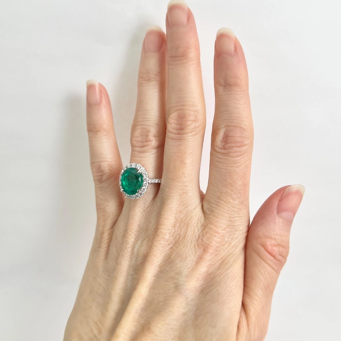 Oval Green Emerald Diamond Halo Ring 18K White Gold 4.07 CTW - 2