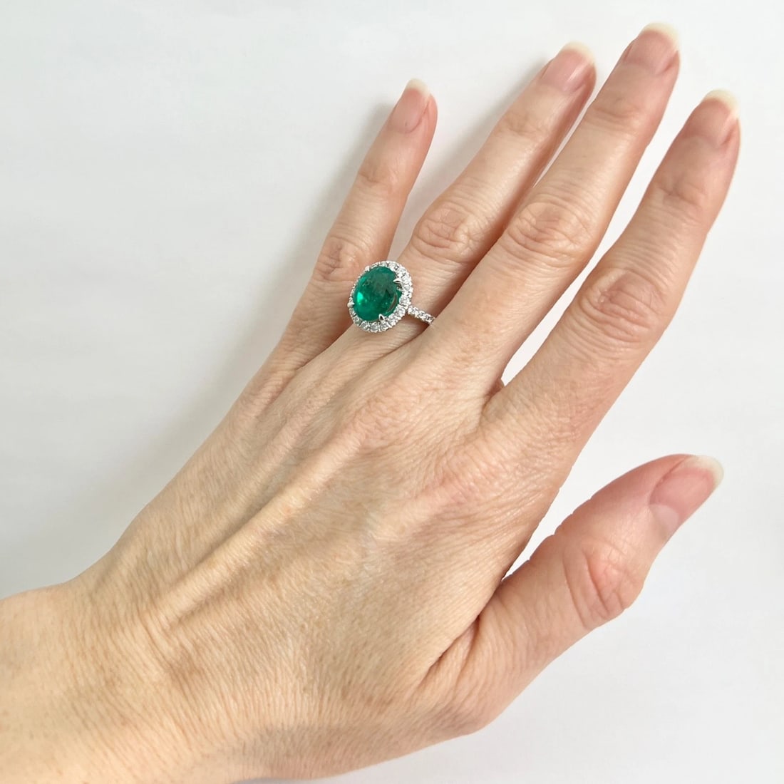 Oval Green Emerald Diamond Halo Ring 18K White Gold 4.07 CTW - 4