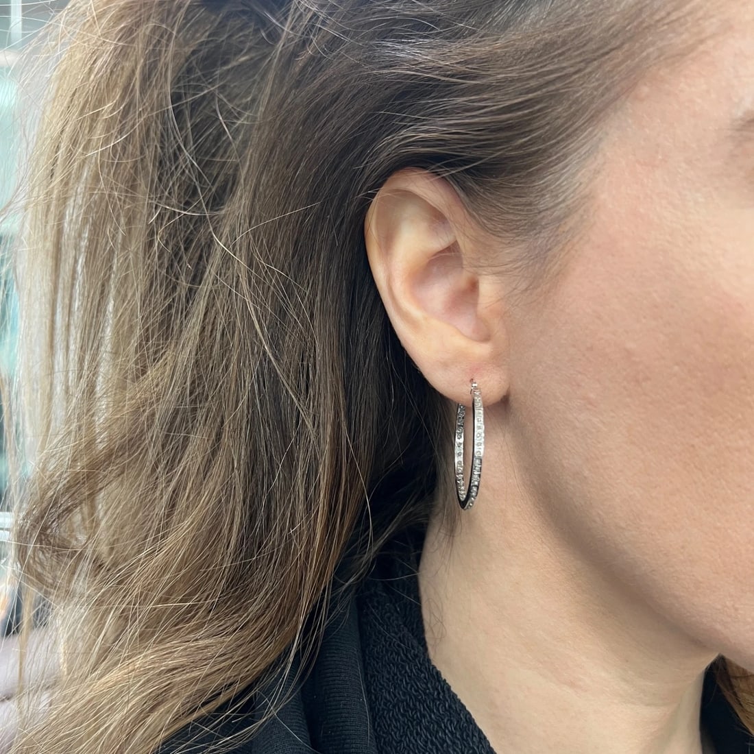 Thin Inside-Out Rhinestone Hoop Earrings 10K White Gold, 1.25 Inches, 1.63 Grams - 3