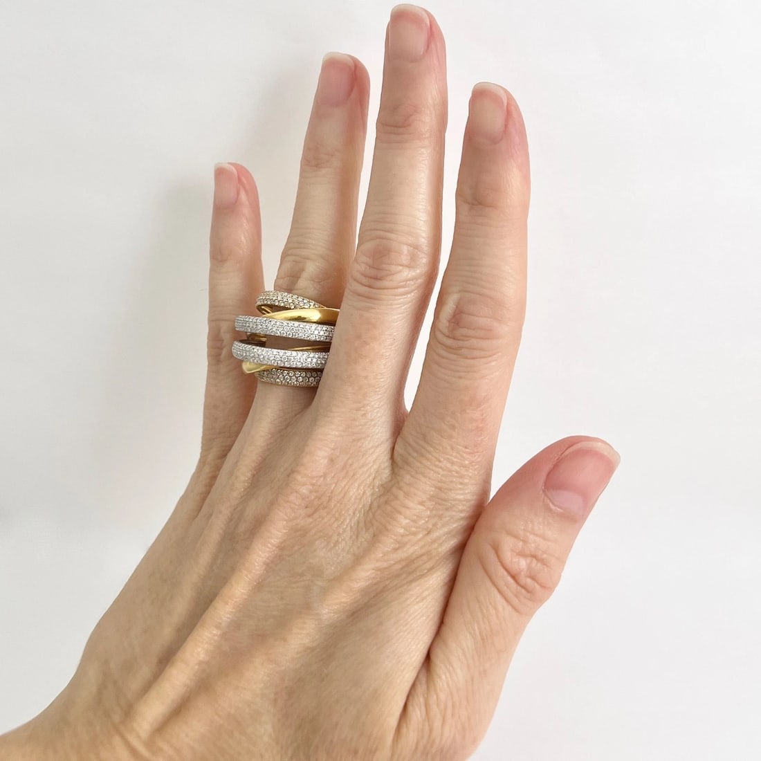 Estate Two-Tone Diamond Crisscross Statement Ring 18K Yellow Gold, 13.93 Grams - 2