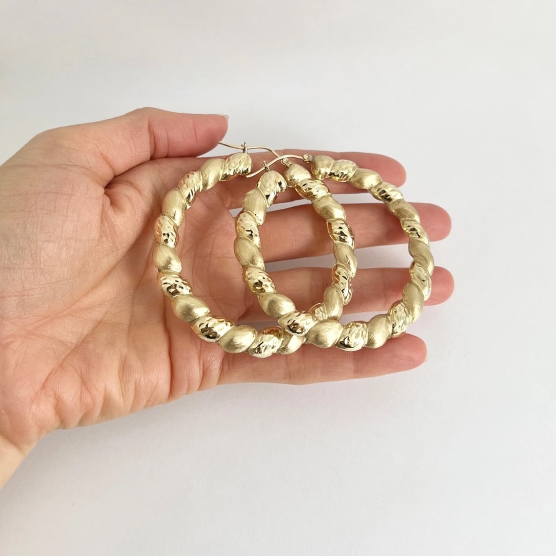 Big Satin Twisted Hoop Earrings 10K Yellow Gold, 2.5 Inches, 10.65 Grams - 2