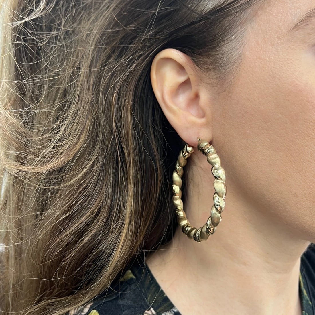 Big Satin Twisted Hoop Earrings 10K Yellow Gold, 2.5 Inches, 10.65 Grams - 3