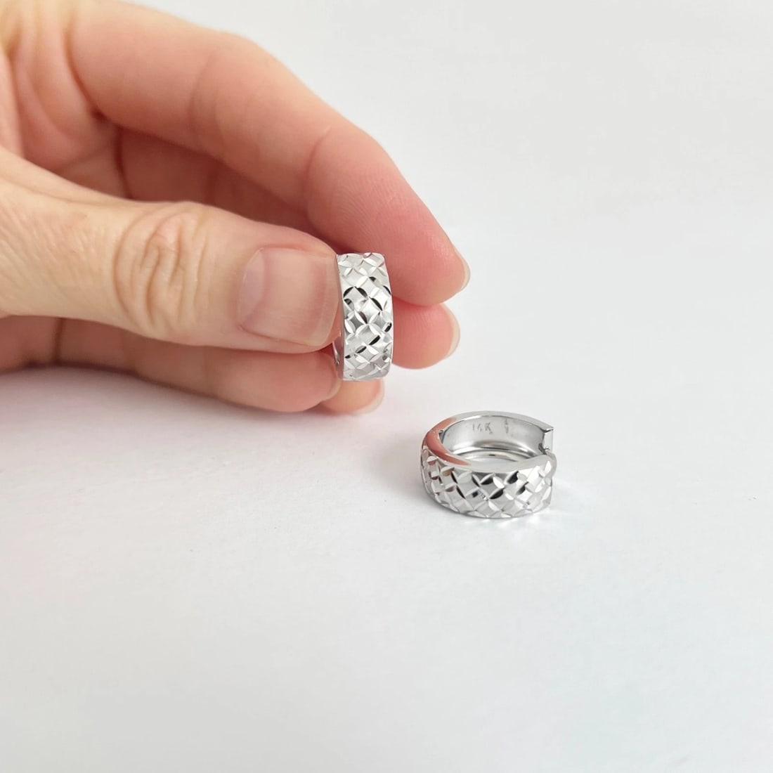 Textured Wide Small Hoop Huggie Earrings 14K White Gold, 15.5 mm, 3.09 Grams - 2