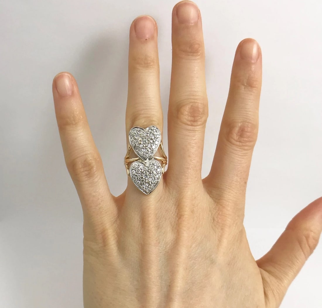 Two-Tone Double Heart Diamond Long Cocktail Ring 14K Yellow White Gold, 6.27 Gr - 2