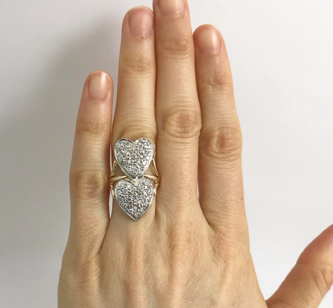 Two-Tone Double Heart Diamond Long Cocktail Ring 14K Yellow White Gold, 6.27 Gr - 3