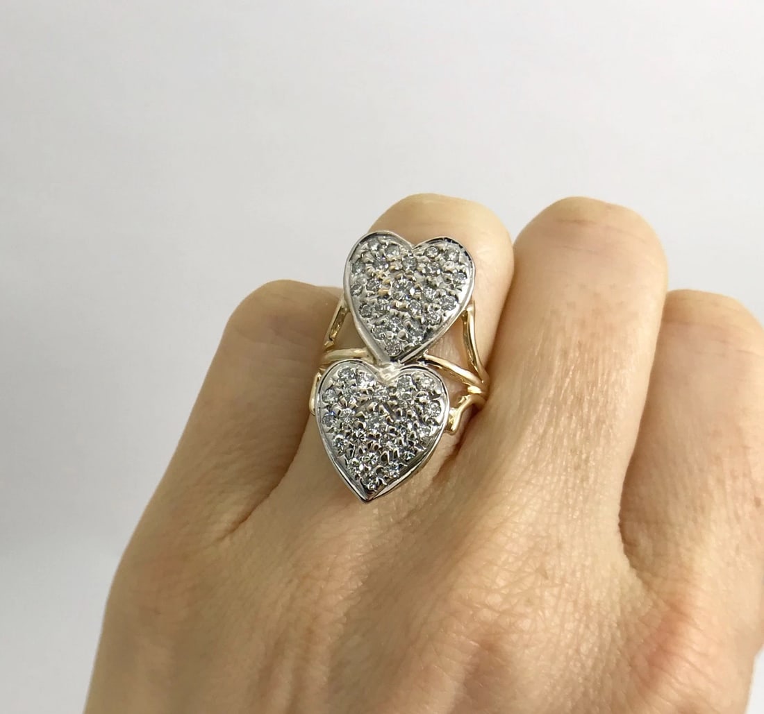 Two-Tone Double Heart Diamond Long Cocktail Ring 14K Yellow White Gold, 6.27 Gr - 5