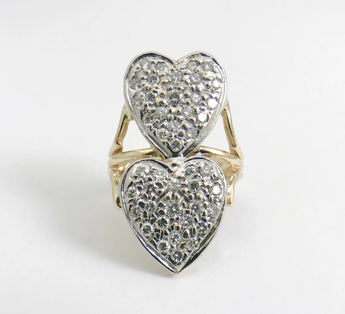 Two-Tone Double Heart Diamond Long Cocktail Ring 14K Yellow White Gold, 6.27 Gr - 7