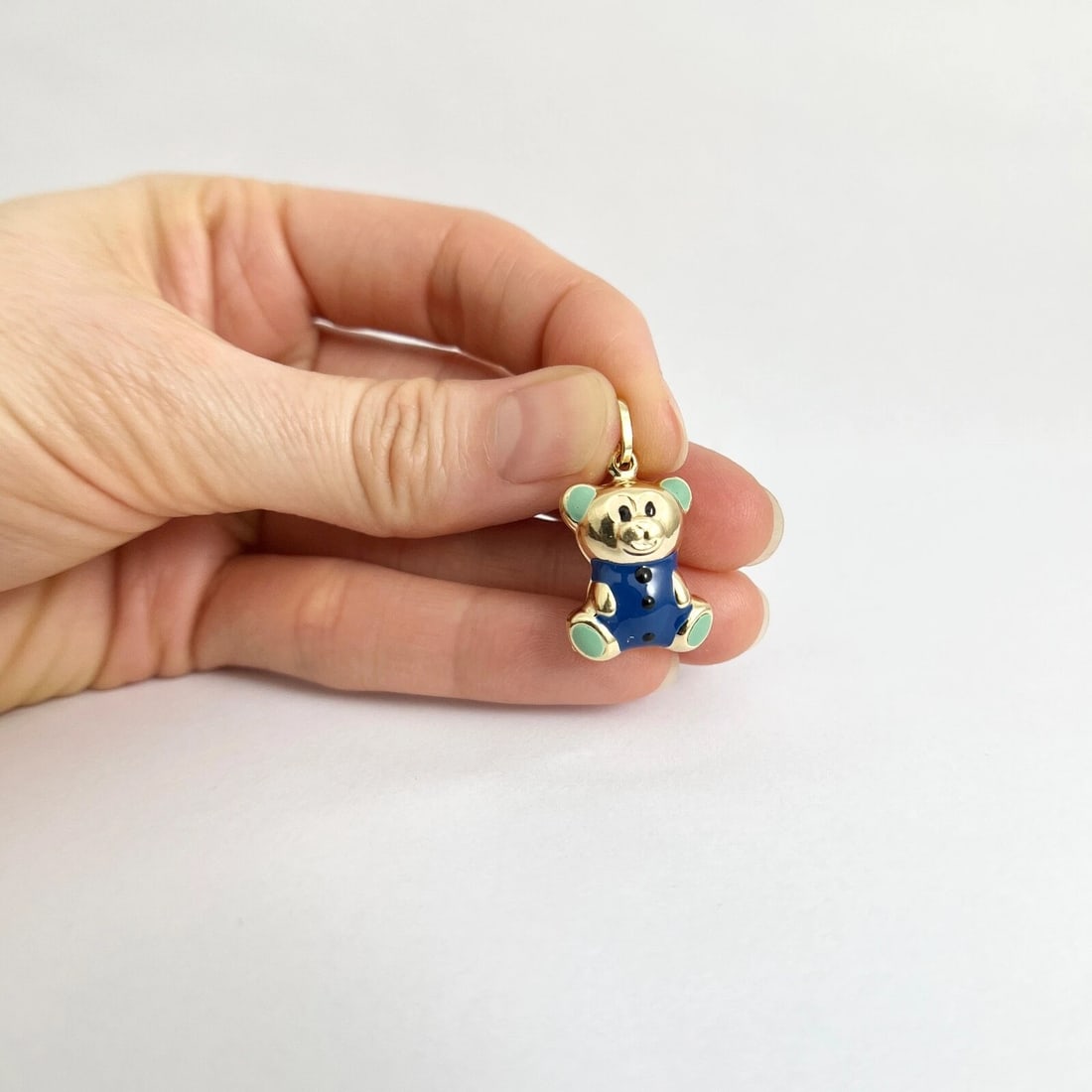 Italian Blue Green Enamel Teddy Bear Charm Pendant 14K Yellow Gold, 2.55 Grams - 2