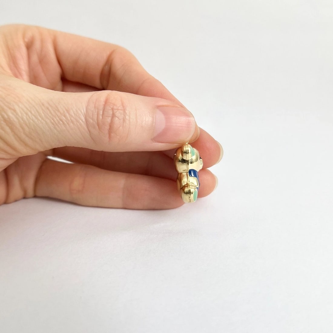 Italian Blue Green Enamel Teddy Bear Charm Pendant 14K Yellow Gold, 2.55 Grams - 4