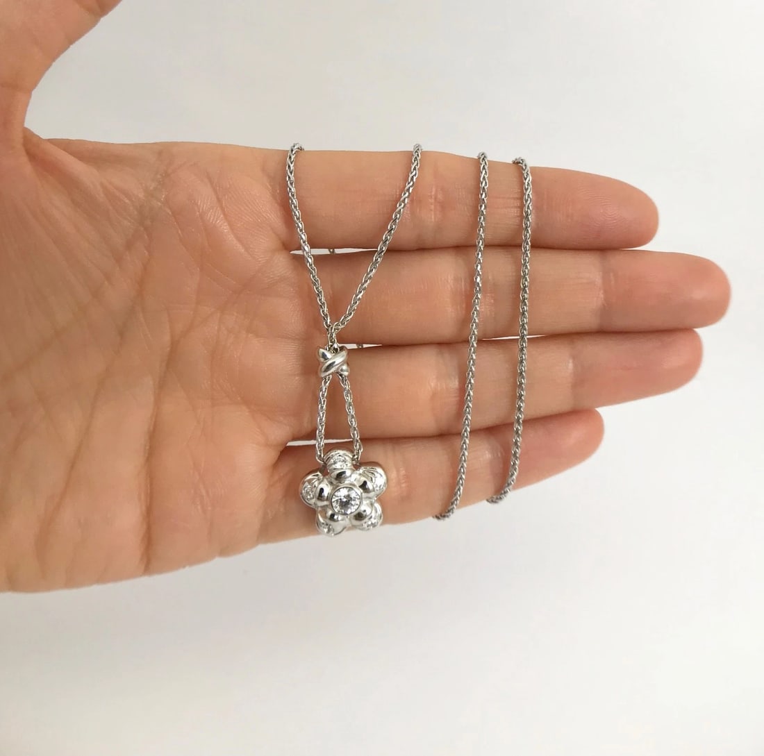 Italian Flower CZ Cubic Zirconia Pendant Necklace 14K White Gold 7.89 Gr - 2