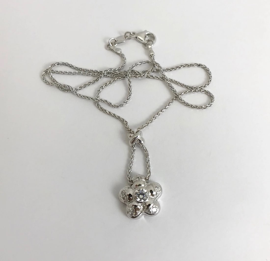 Italian Flower CZ Cubic Zirconia Pendant Necklace 14K White Gold 7.89 Gr - 7