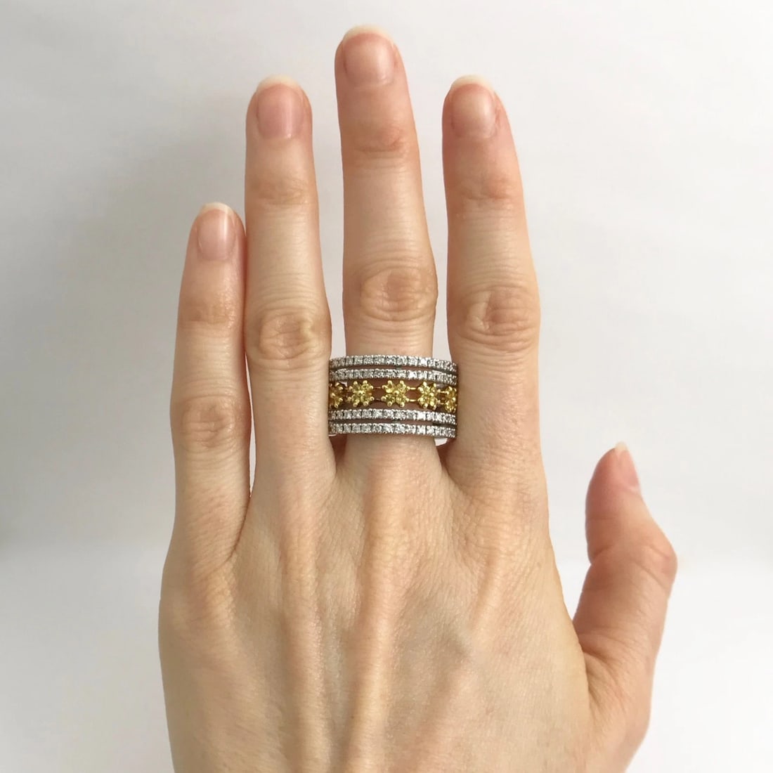 Wide Yellow Sapphire Diamond Flower Ring 14K White Gold, 2.06 CTW, 16.03 Grams - 2