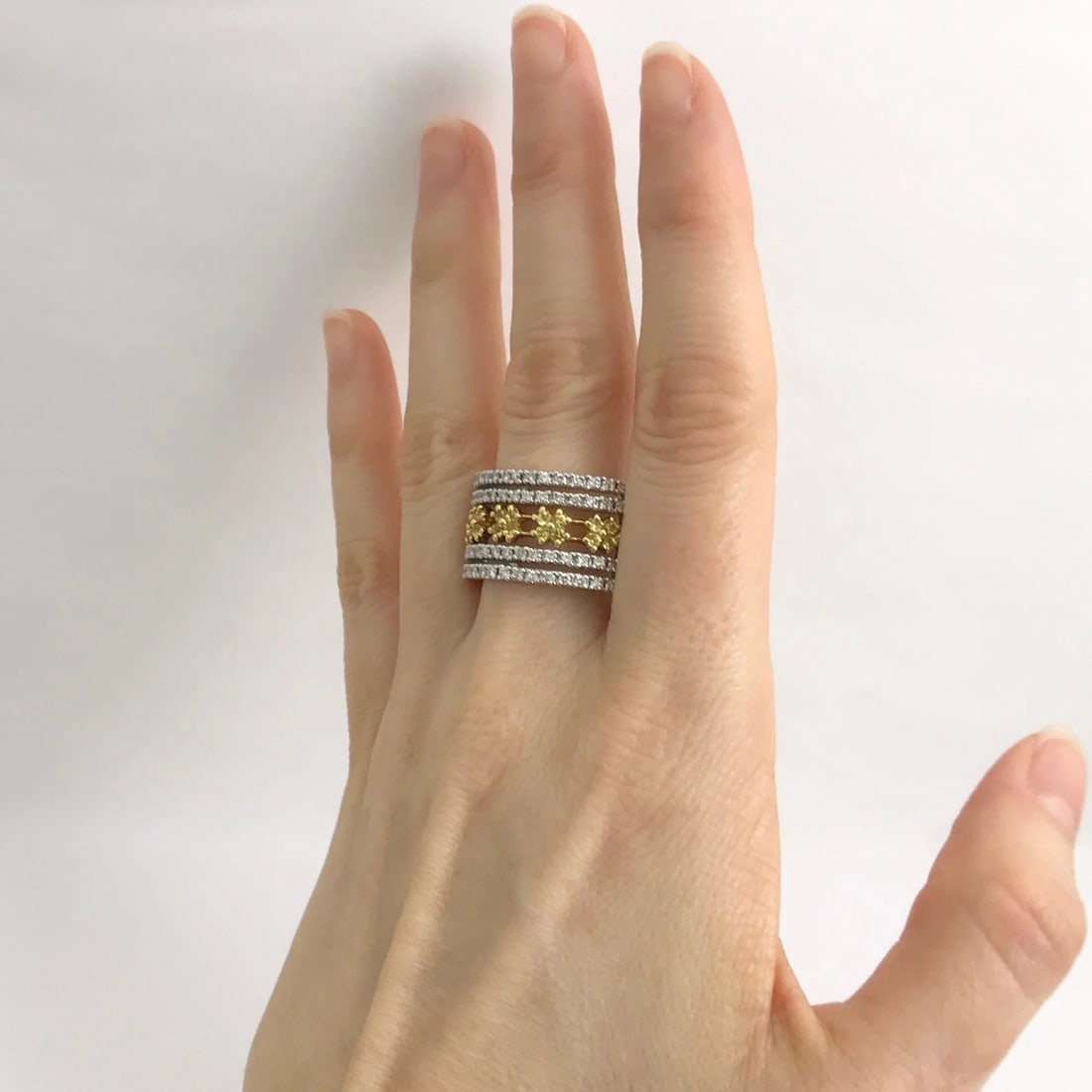 Wide Yellow Sapphire Diamond Flower Ring 14K White Gold, 2.06 CTW, 16.03 Grams - 3