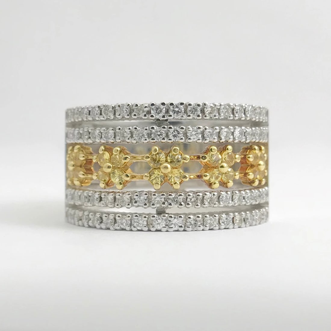 Wide Yellow Sapphire Diamond Flower Ring 14K White Gold, 2.06 CTW, 16.03 Grams - 6