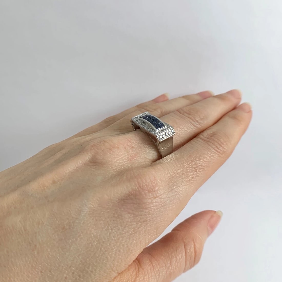 Princess Blue Sapphire Diamond Flat Top Statement Ring 14K White Gold, 5.61 Gram - 4