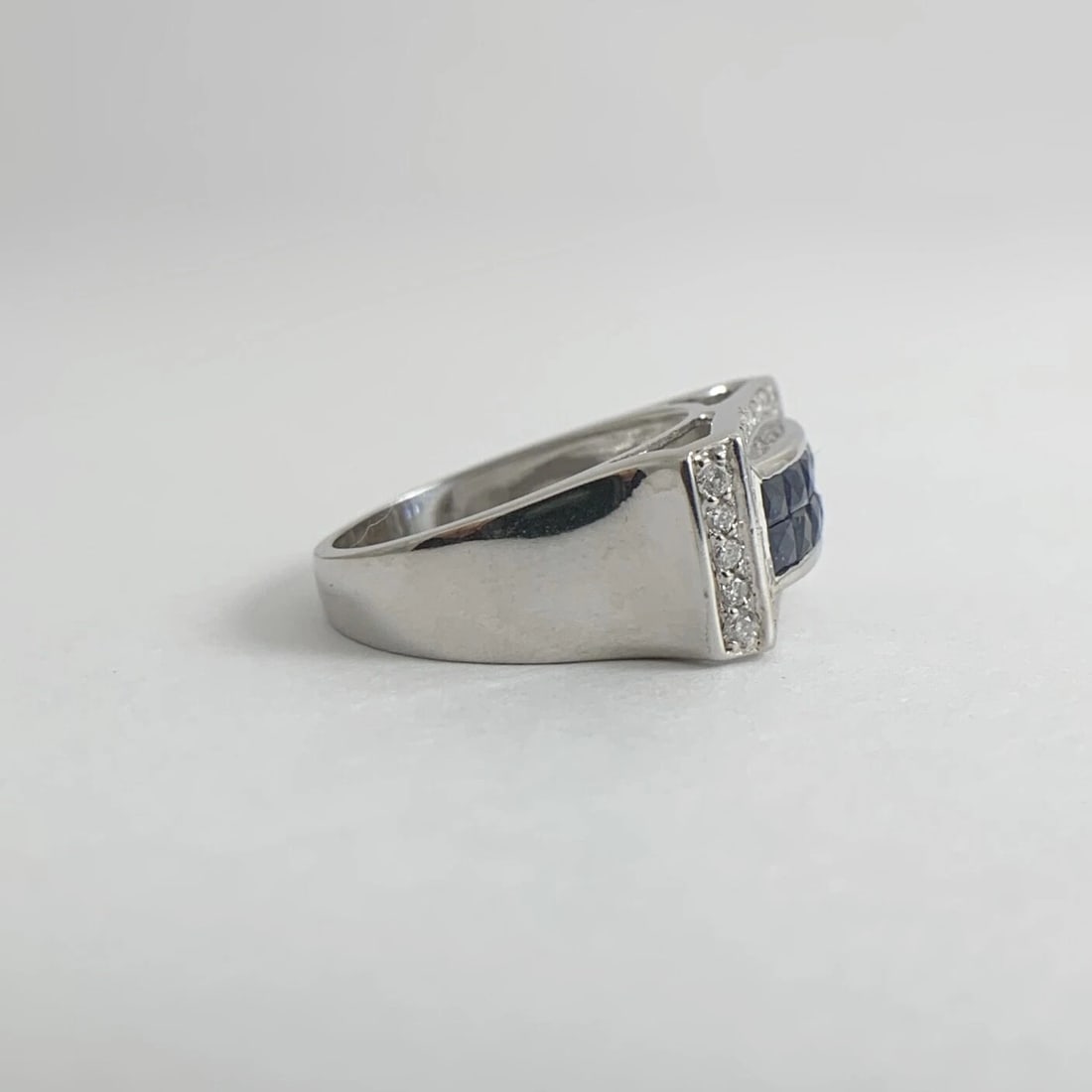 Princess Blue Sapphire Diamond Flat Top Statement Ring 14K White Gold, 5.61 Gram - 8