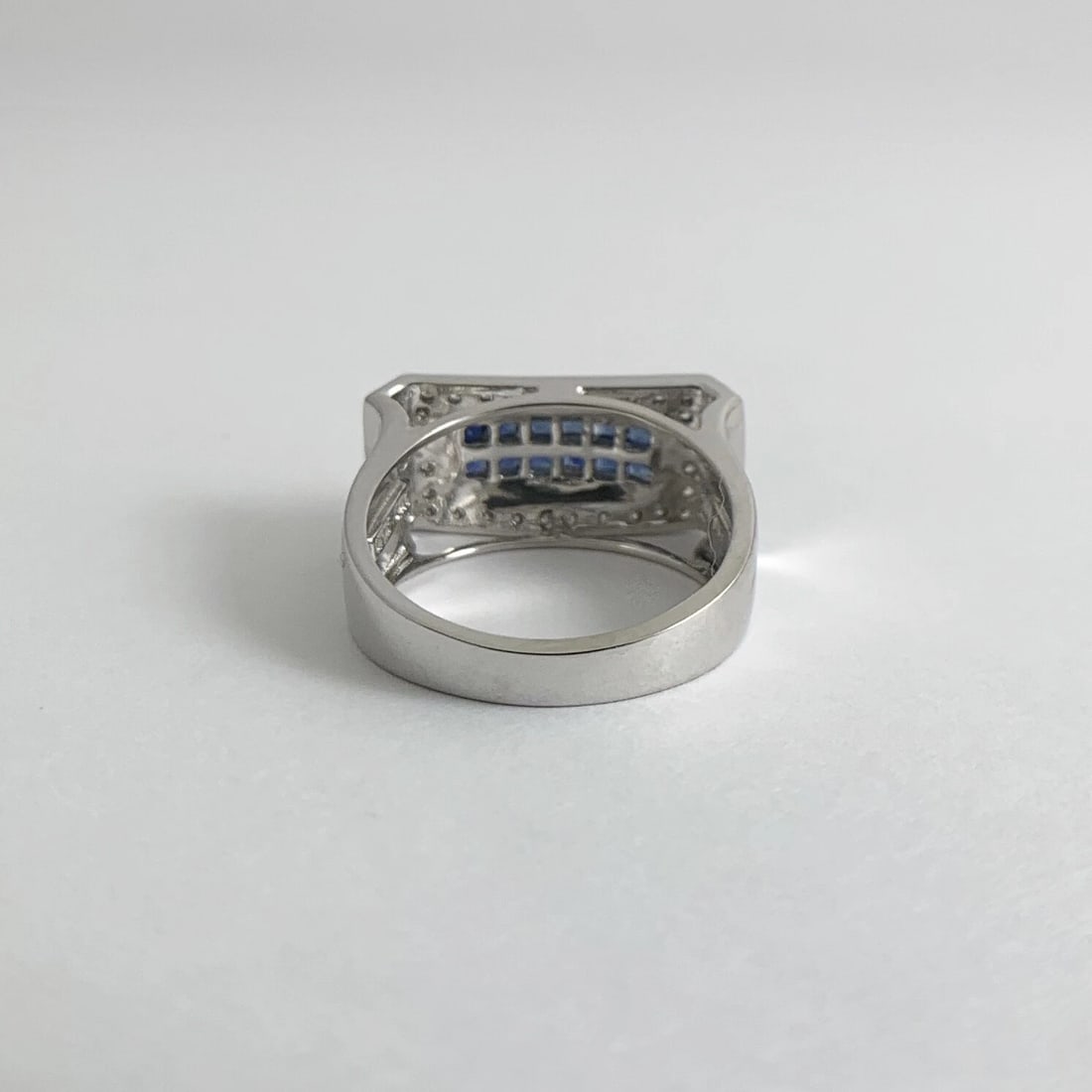 Princess Blue Sapphire Diamond Flat Top Statement Ring 14K White Gold, 5.61 Gram - 9