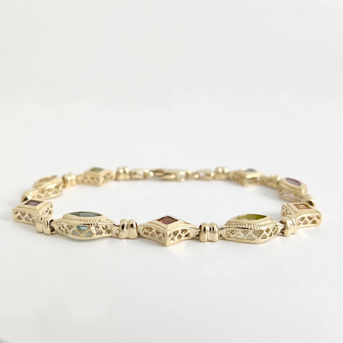 Multicolored Gemstone Chain Link Tennis Bracelet 14K Yellow Gold, 10.61 Grams - 7