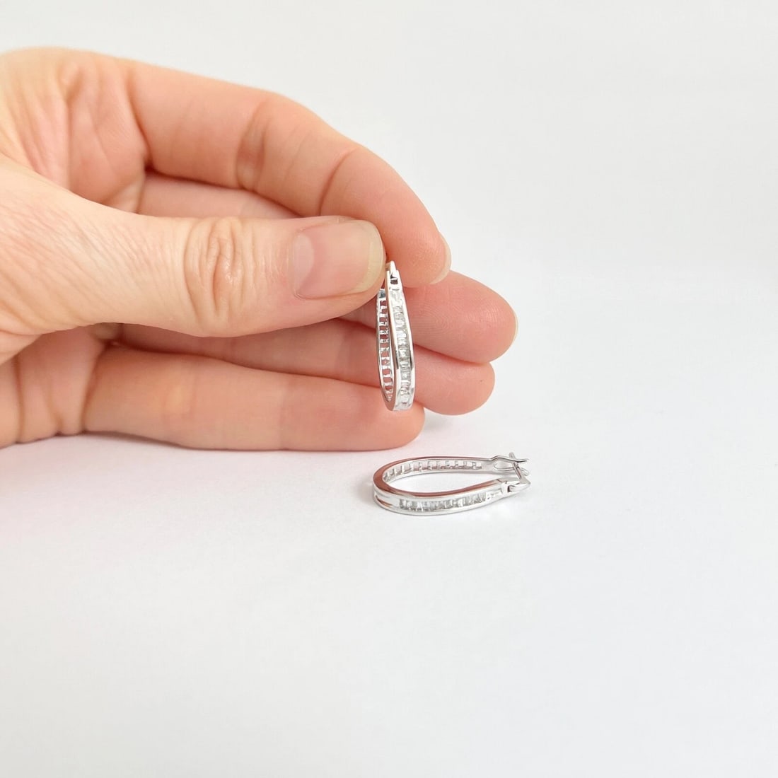 Baguette Diamond Channel-Set Oblong Hoop Earrings 14K White Gold, 3.13 Grams - 2