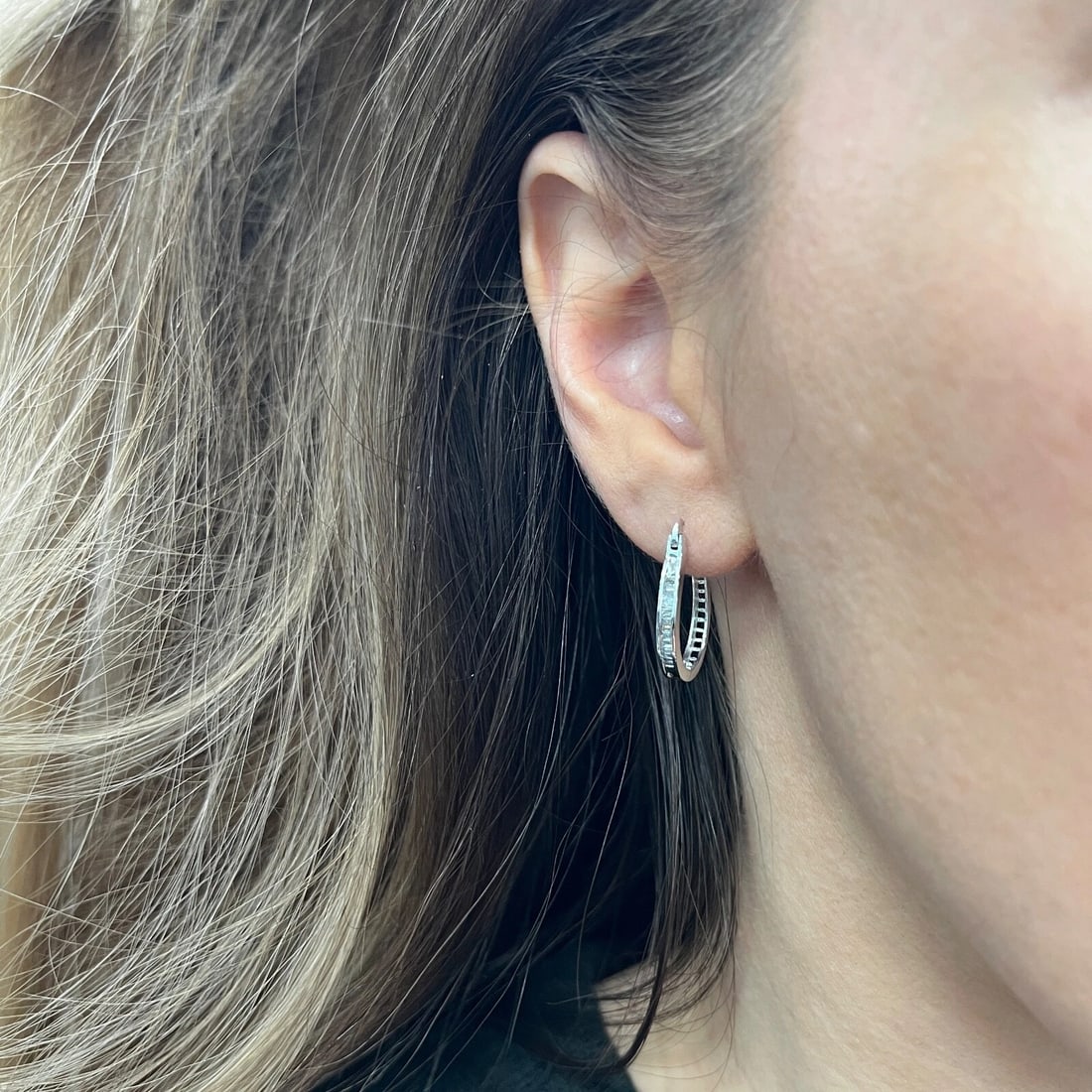 Baguette Diamond Channel-Set Oblong Hoop Earrings 14K White Gold, 3.13 Grams - 4