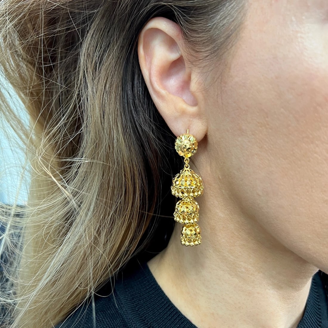 Tassel Jhumka Dangle Drop Earrings 22K Yellow Gold, 2.25 Inches Long, 17.89 Gram - 4