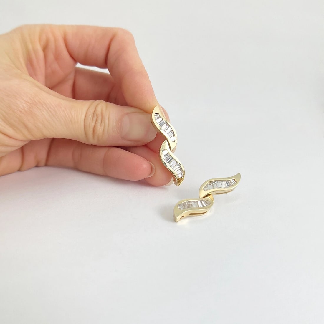 Baguette CZ Cubic Zirconia Wave Dangle Drop Earrings 14K Yellow Gold, 6.47 Grams - 2