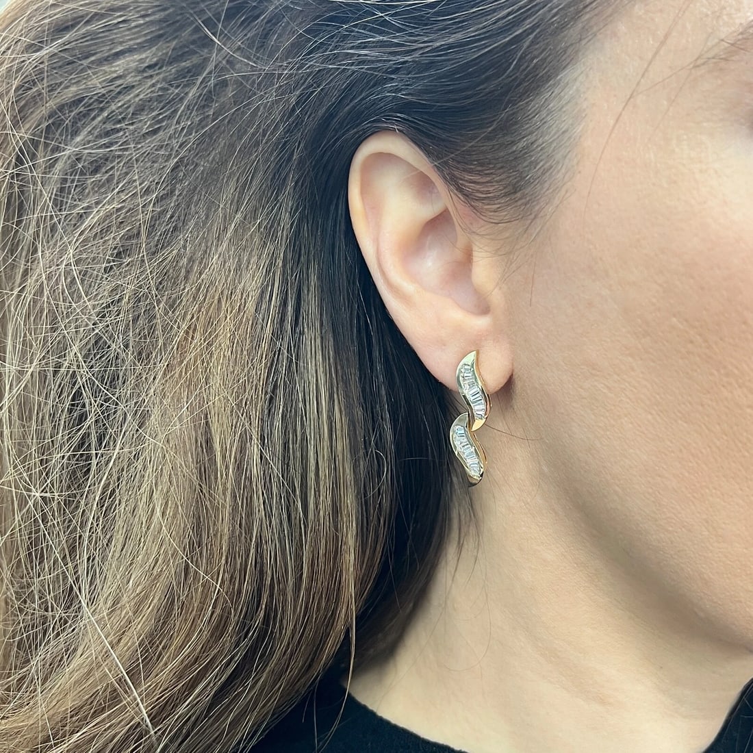 Baguette CZ Cubic Zirconia Wave Dangle Drop Earrings 14K Yellow Gold, 6.47 Grams - 3