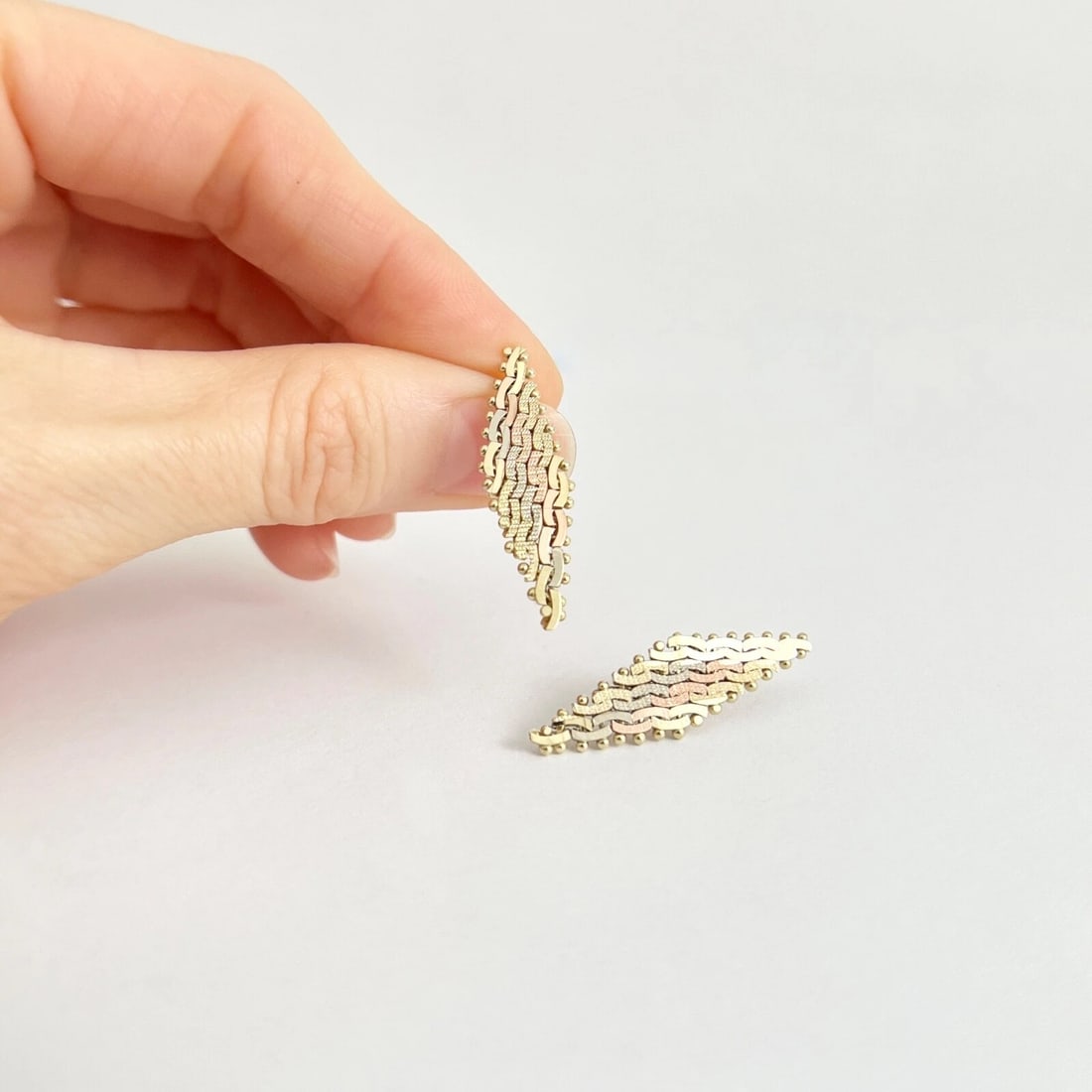 Tri-Color Drop Earrings 14K Yellow Rose White Gold, 1.2 Inches, 3.57 Grams - 2