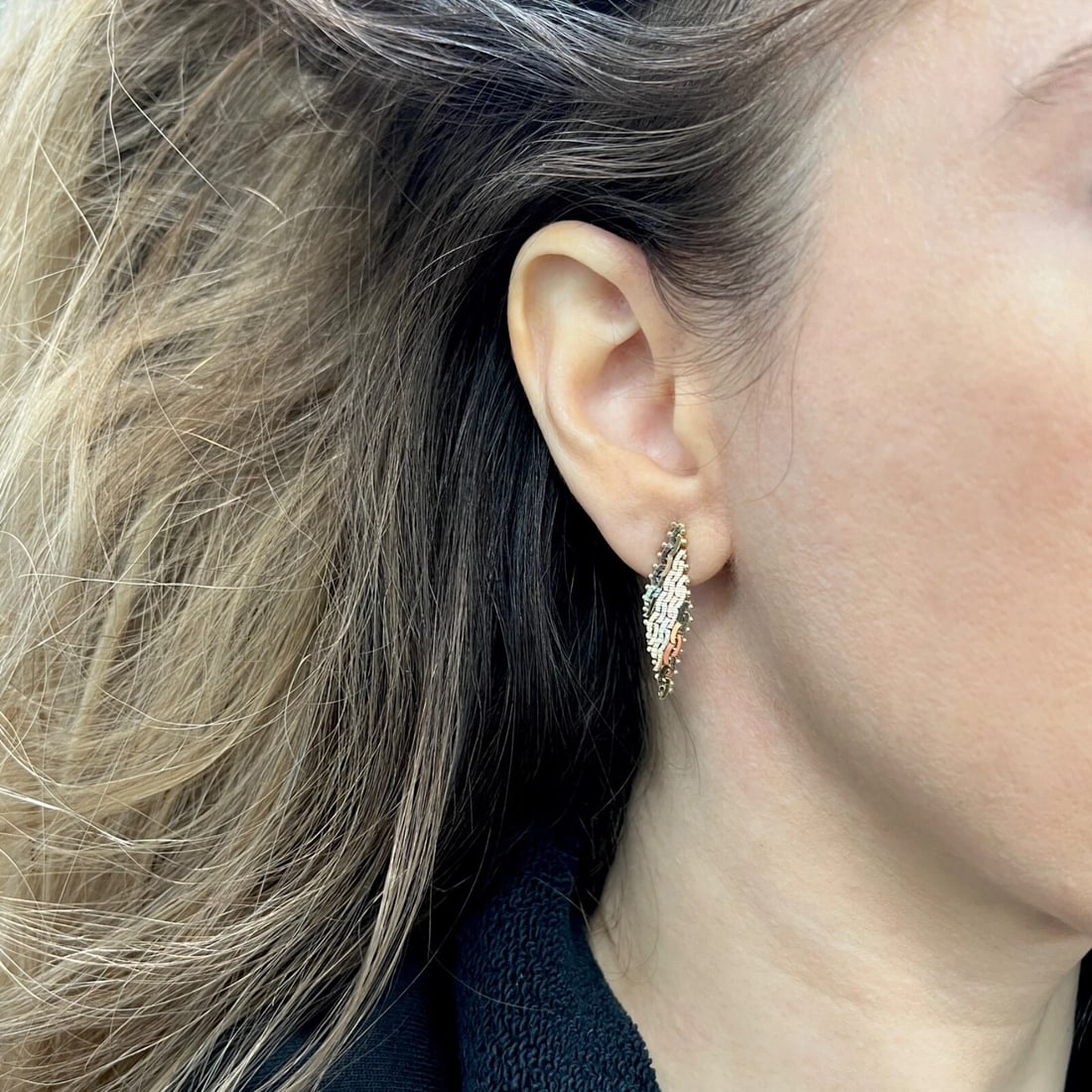 Tri-Color Drop Earrings 14K Yellow Rose White Gold, 1.2 Inches, 3.57 Grams - 3