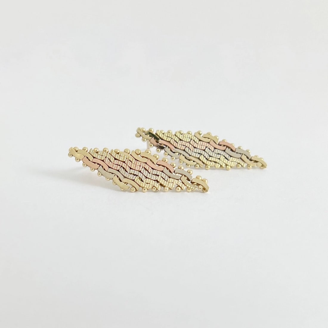 Tri-Color Drop Earrings 14K Yellow Rose White Gold, 1.2 Inches, 3.57 Grams - 6