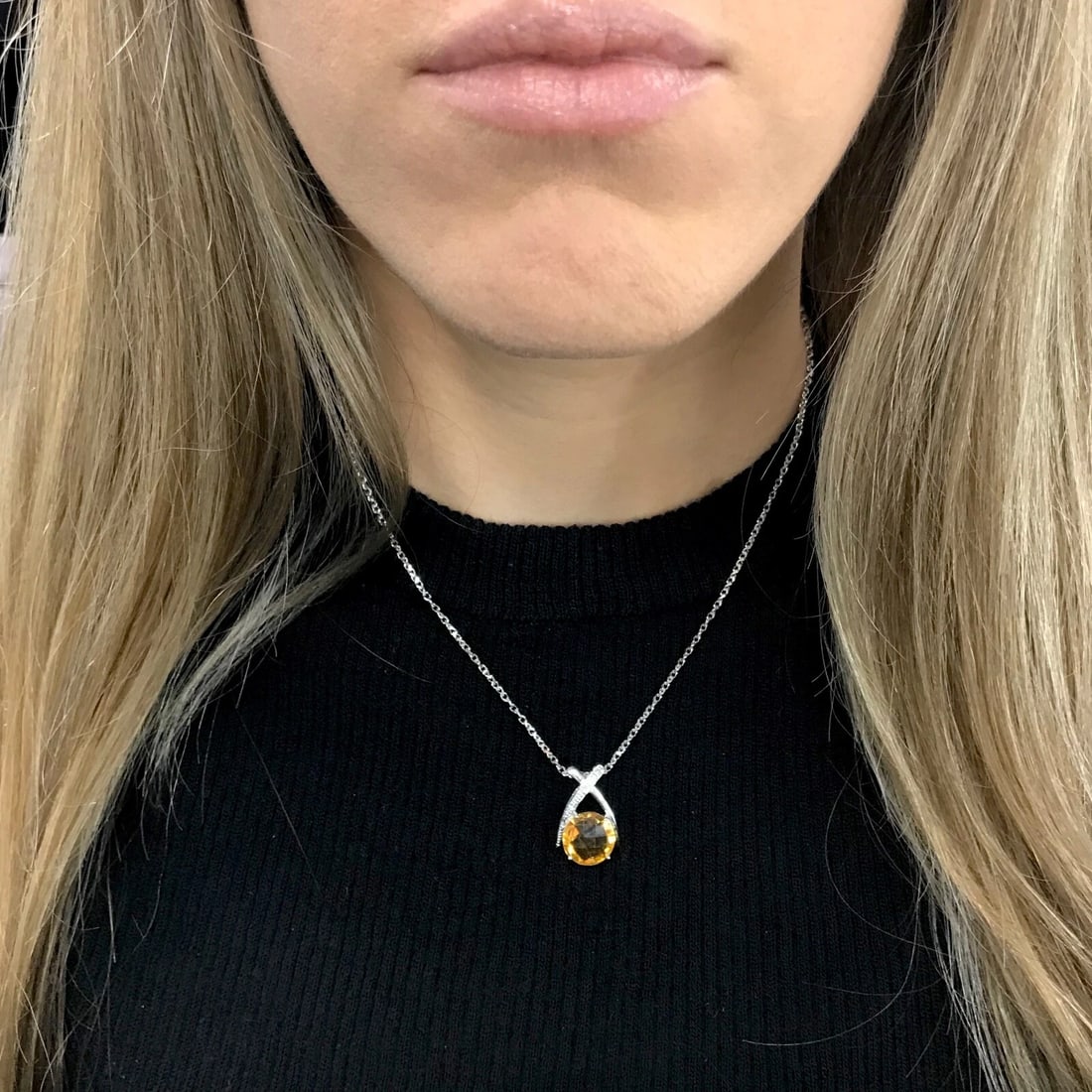 Italian Round Orange Citrine Diamond Pendant Necklace 14K White Gold, 6.39 Grams - 4