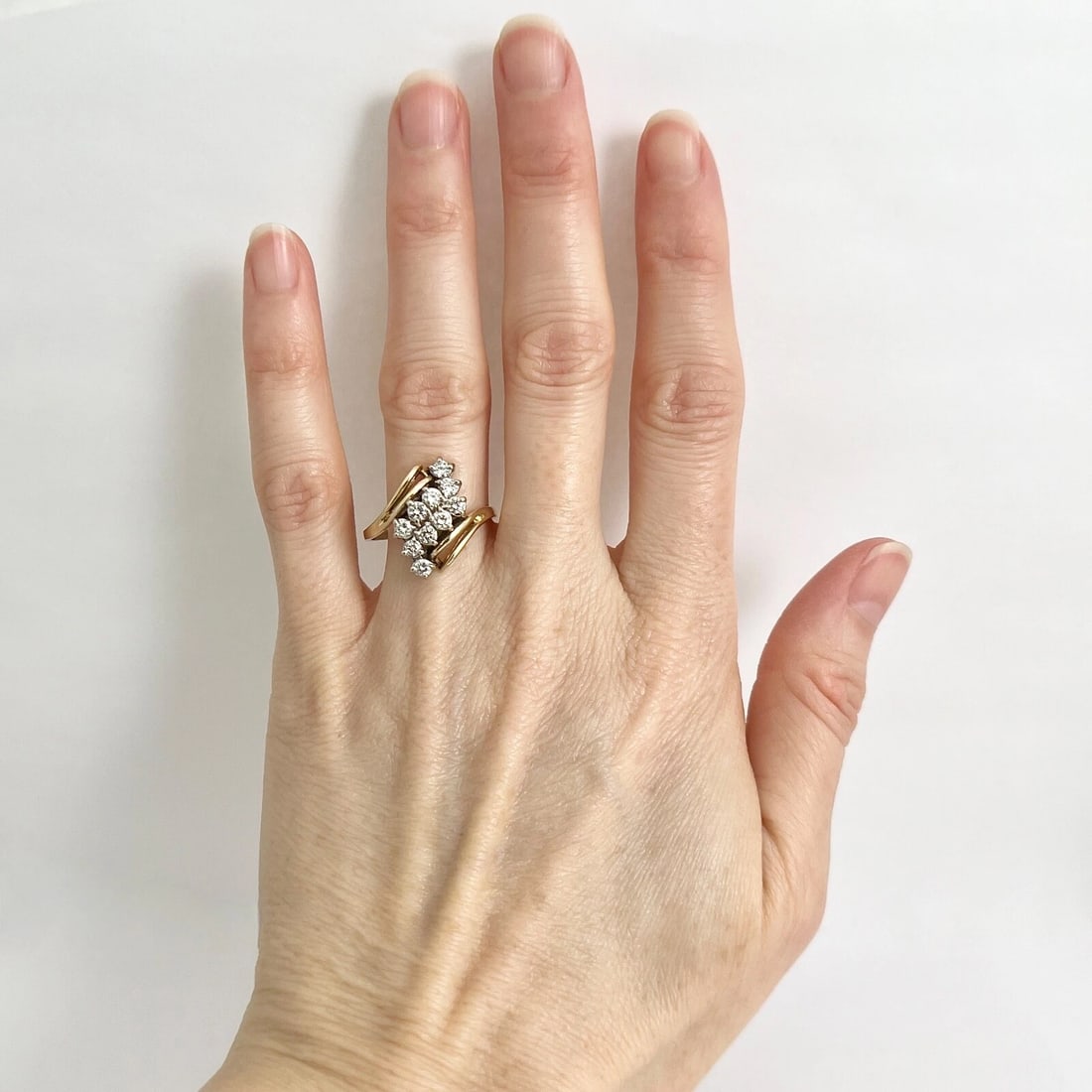 Estate Diamond Cluster Asymmetrical Cocktail Ring 14K Yellow Gold, 4.67 Grams - 2