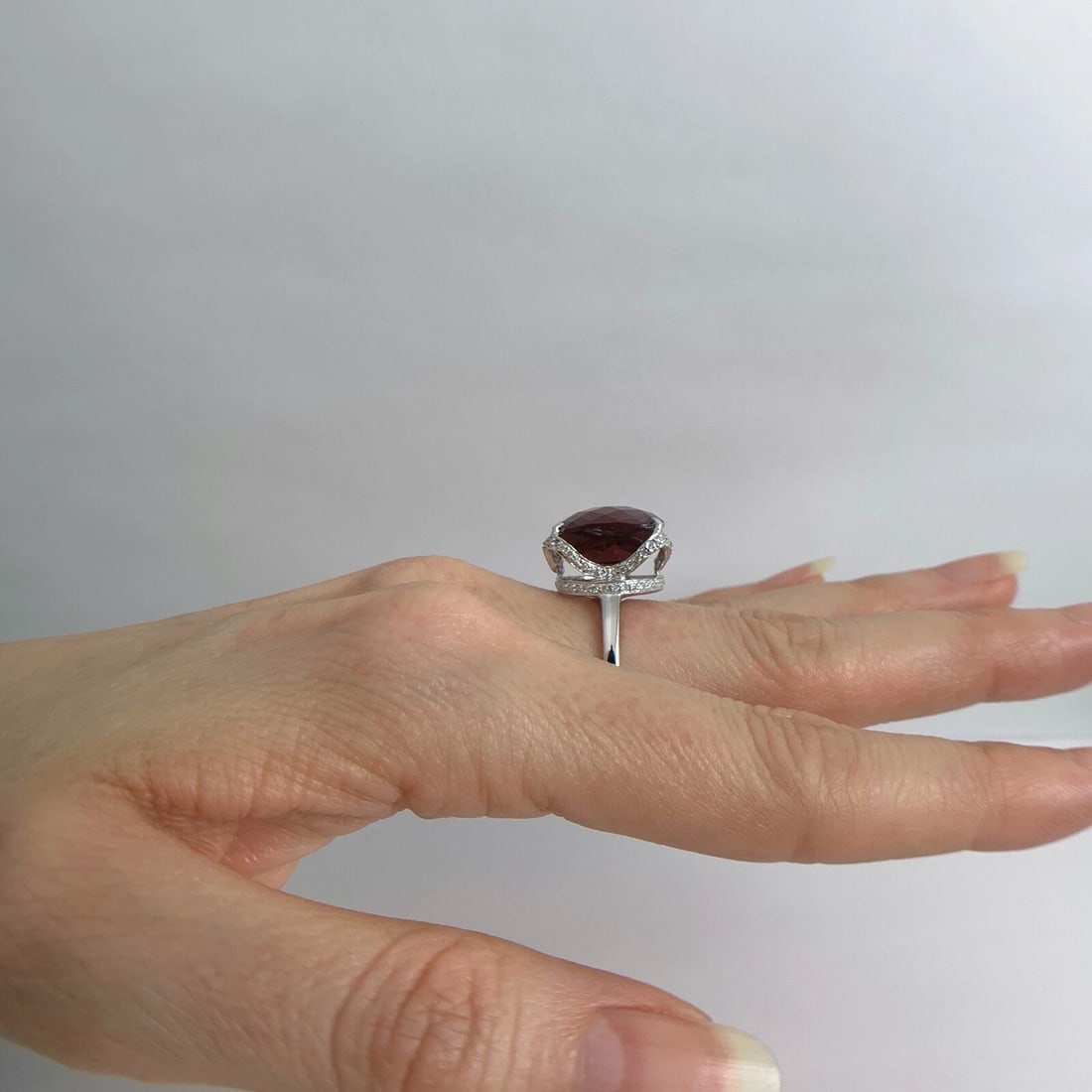 Plum Rhodolite Garnet Diamond Gemstone Cocktail Ring 18K White Gold, 6.35 CTW - 5