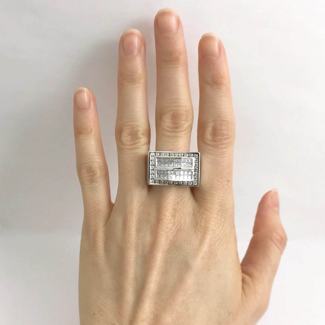 Men's Princess Diamond Invisible Set Ramp Ring 14K White Gold, 2.25 CTW, 14.93 G - 2