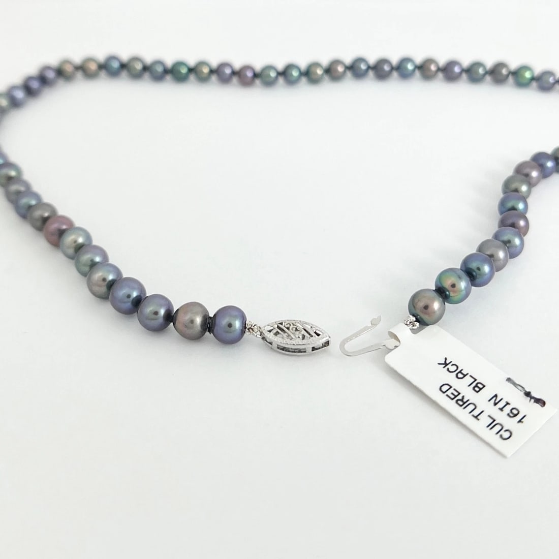 Black Japanese Pearl Strand Necklace 14K White Gold Clasp, 16 Inches, 6 mm - 5