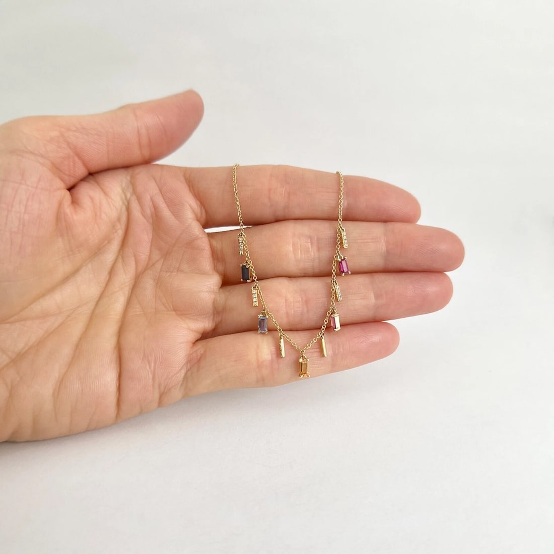 Multicolored Sapphire Diamond Dangle Station Chain Necklace 14K Yellow Gold - 2