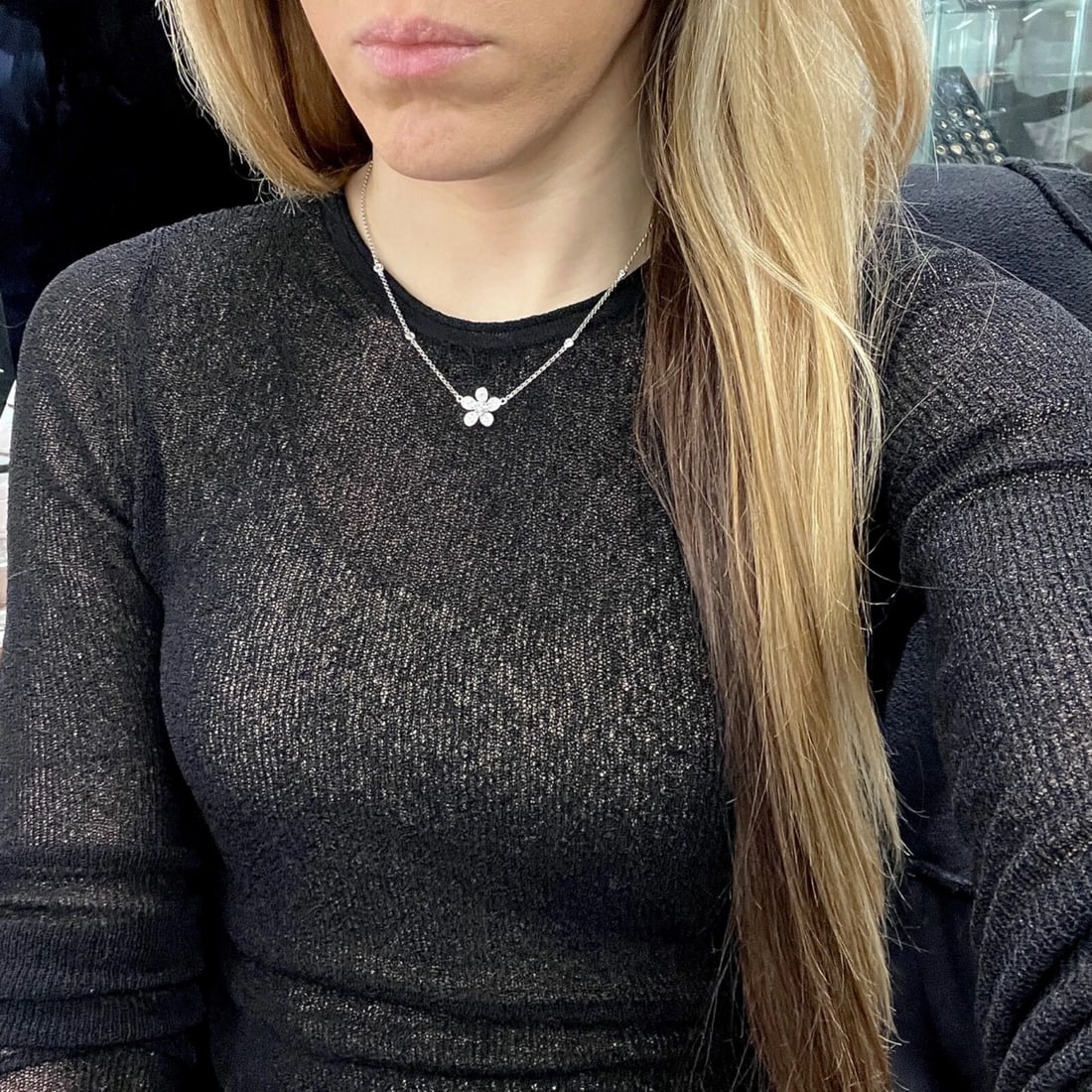 Pave Diamond Flower Pendant Station Necklace 18K White Gold, .46 CTW - 3