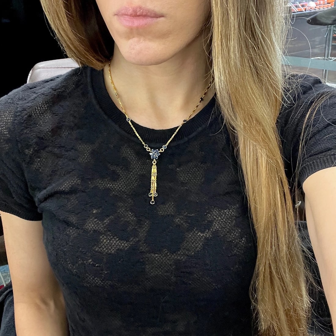 Blue Sapphire Flower Gemstone Lariat Tassel Necklace 12K Yellow Gold, 3.28 CTW - 3