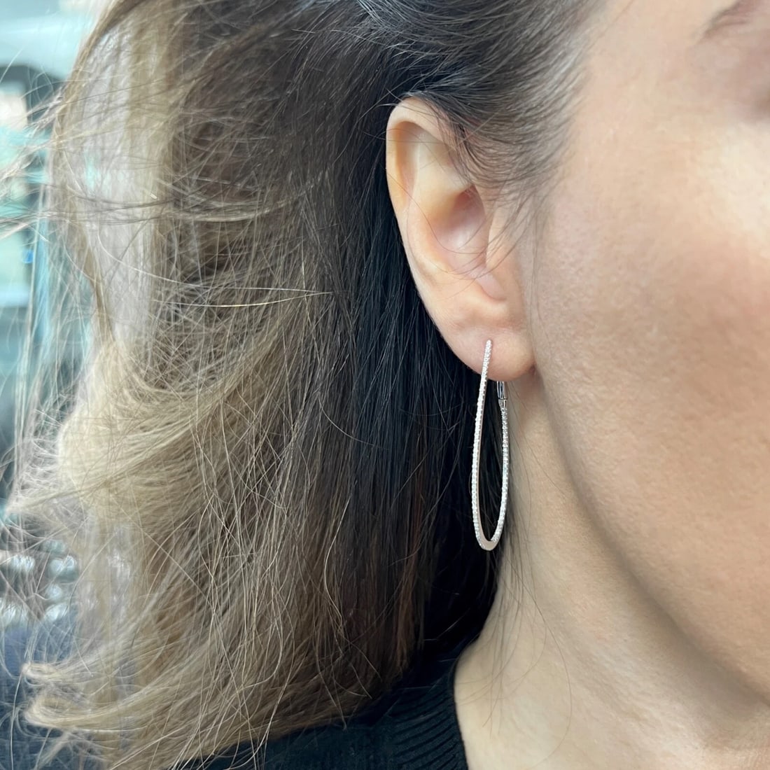 Inside-Out Thin Oblong Diamond Hoop Earrings 14K White Gold, 1.75 Inch, .78 CTW - 2