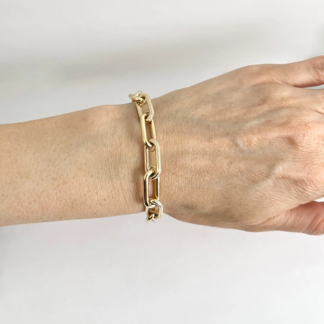 Pave Diamond Chunky Paperclip Oval Chain Link Bracelet 14K Yellow Gold, .62 CTW - 2