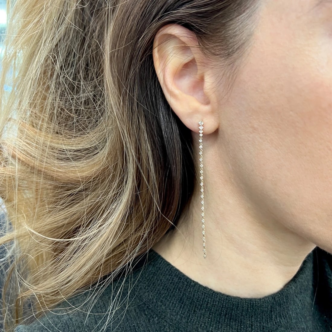 Long Diamond Linear Dangle Drop Hanging Earrings 14K Yellow Gold, 3 Inches - 5