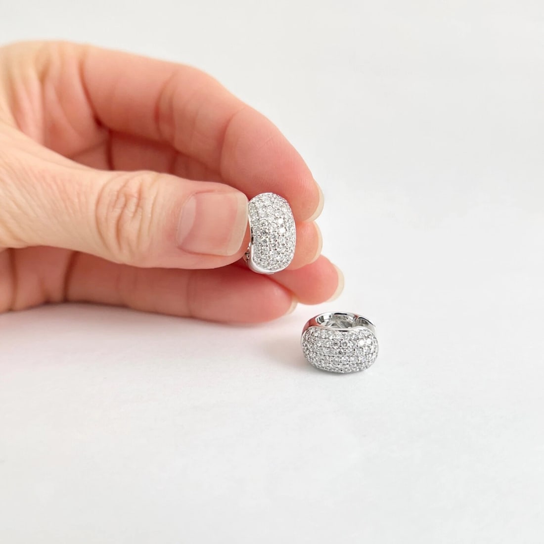 Wide Pave Diamond Small Hoop Huggie Earrings 14K White Gold, 1.21 CTW - 2