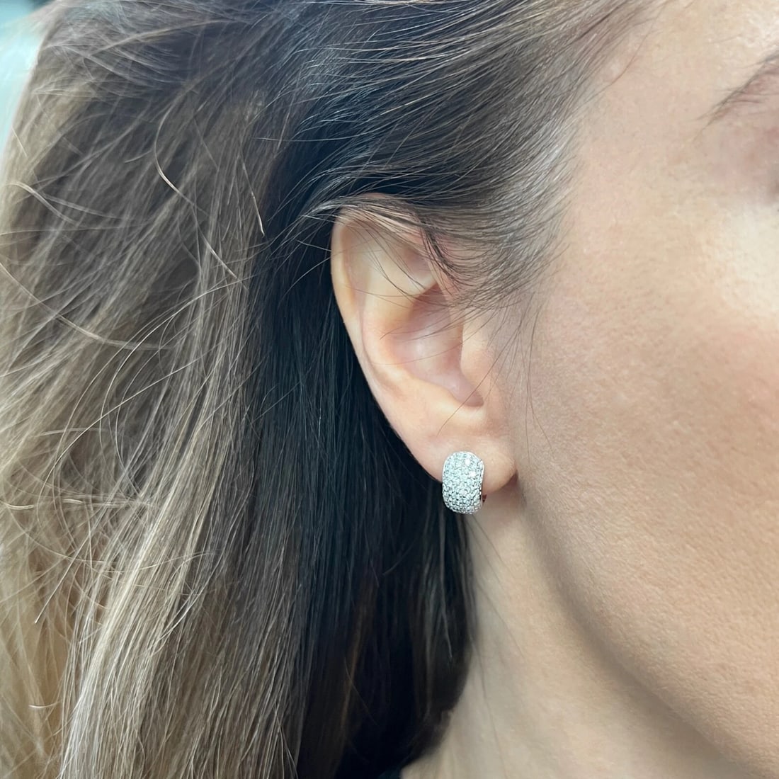 Wide Pave Diamond Small Hoop Huggie Earrings 14K White Gold, 1.21 CTW - 3