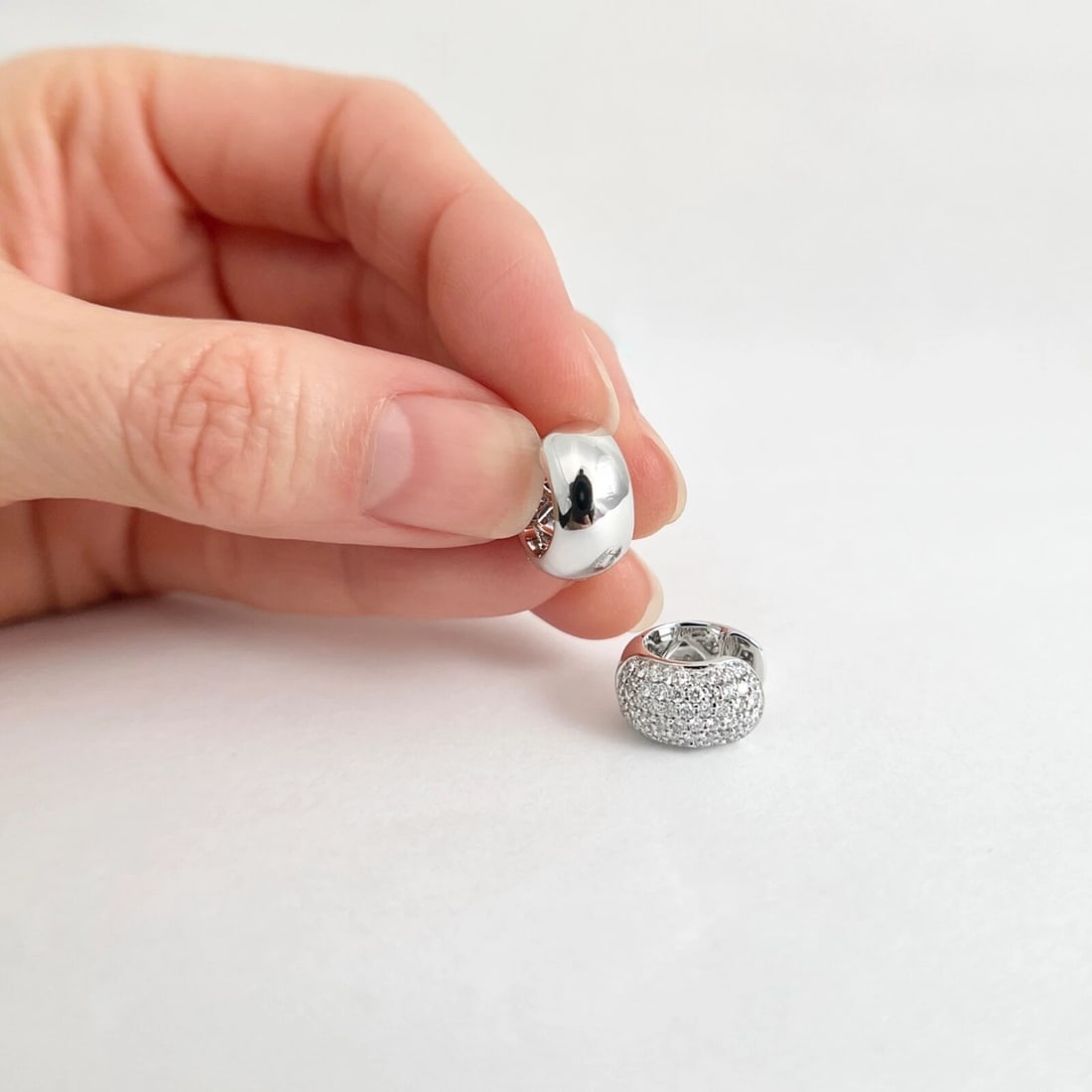 Wide Pave Diamond Small Hoop Huggie Earrings 14K White Gold, 1.21 CTW - 5