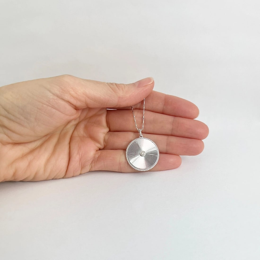 Round Diamond Engine Turned Disc Pendant Necklace 14K White Gold .10 CTW - 2