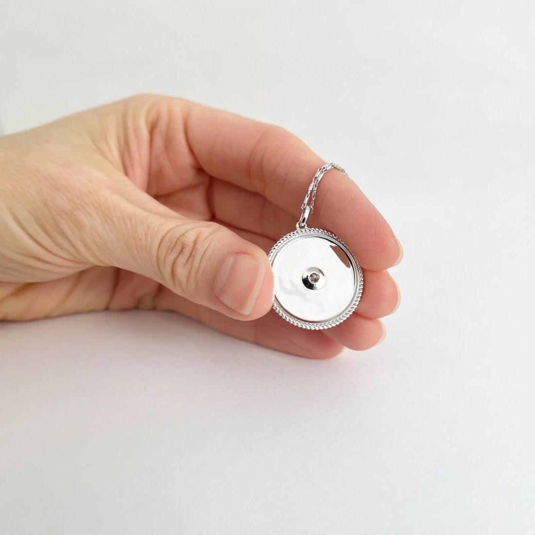 Round Diamond Engine Turned Disc Pendant Necklace 14K White Gold .10 CTW - 5