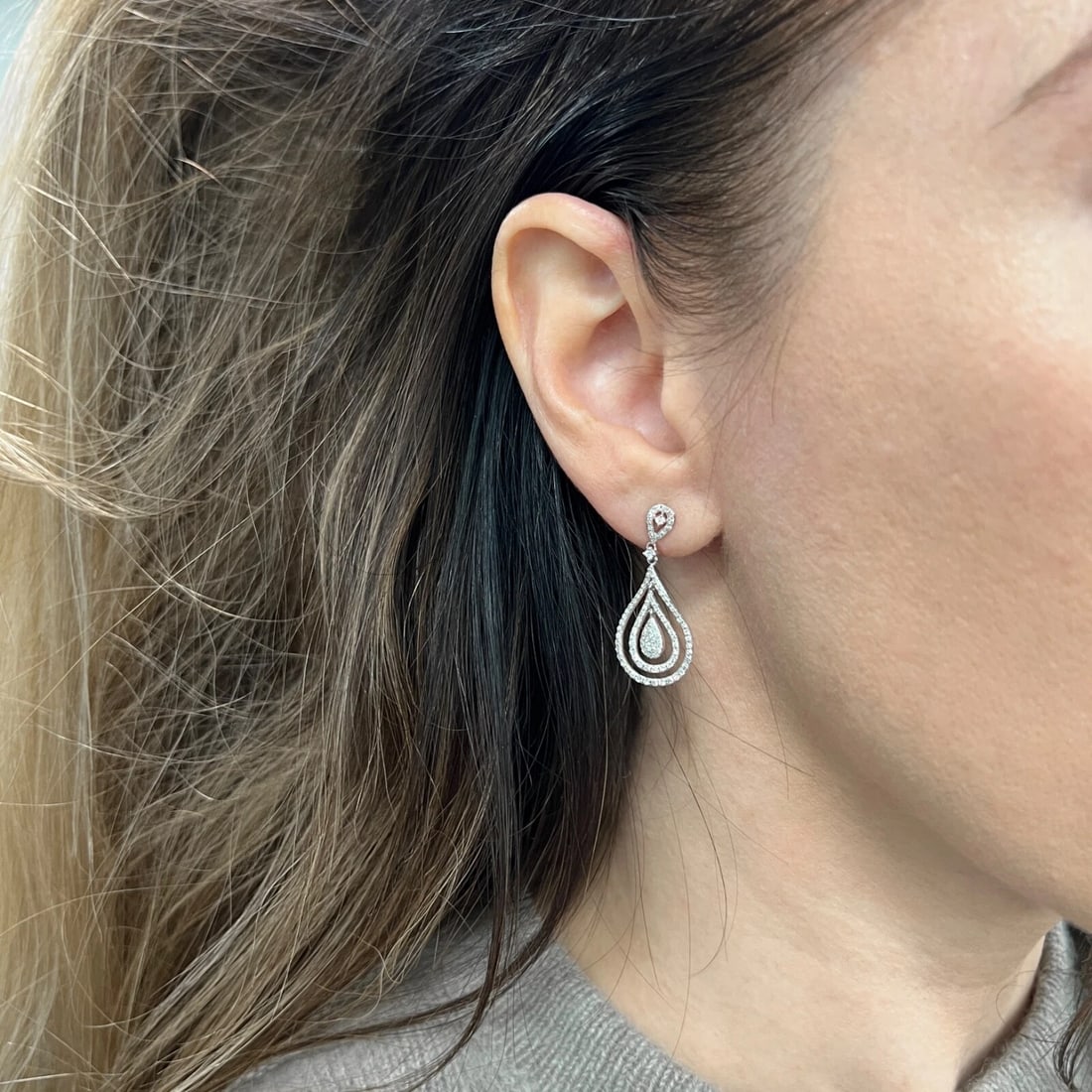 Pave Diamond Teardrop Halo Dangle Drop Earrings 14K White Gold, .82 CTW - 2